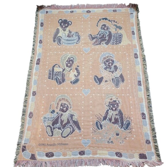 VTG Priscilla Hillman Teddy Bear Woven Tapestry Throw Blanket Nursery *READ* - Picture 6 of 8